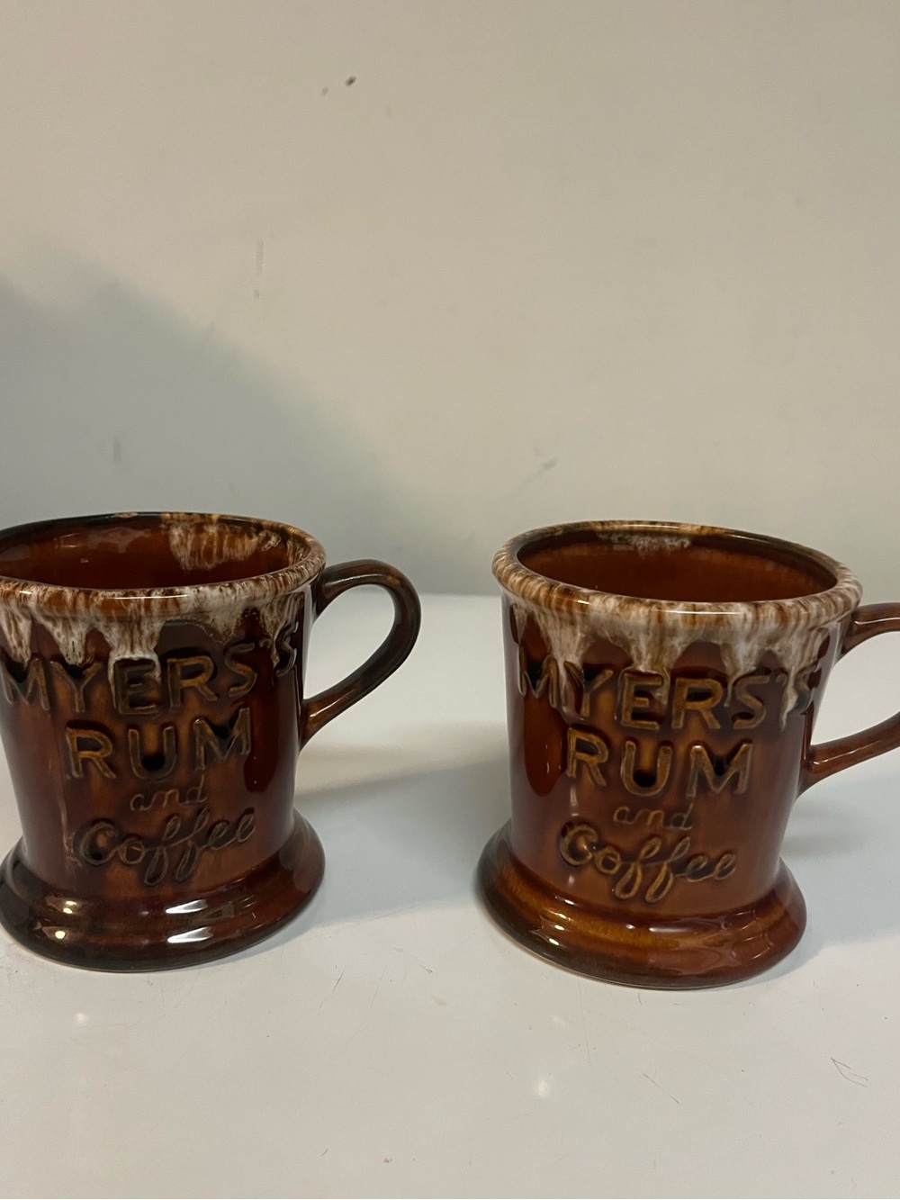 Vintage Myers’s Rum Pottery Mugs Set of 2 Brown Drip Glaze Fred Myers Baltimore